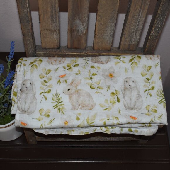 Spring Bunny Rabbit Flowers Leaves Nursery Swaddle Muslin Baby Blanket - Picture 7 of 12